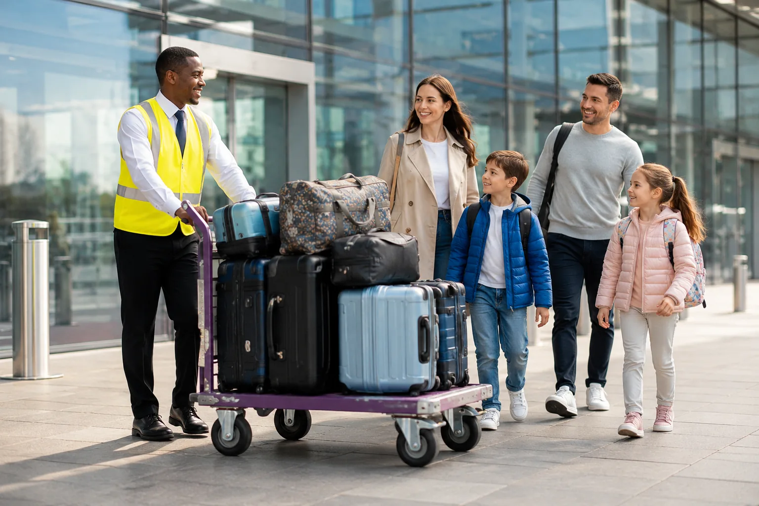 Family airport arrival with porter luggage assistance
