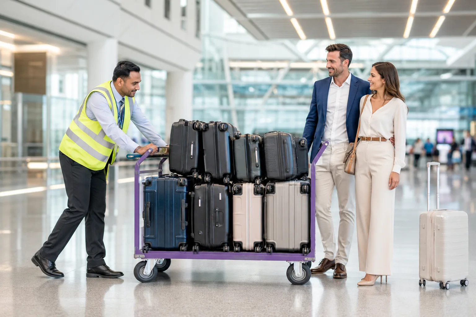 Airport porter service with a large luggage trolley for Heathrow arrivals